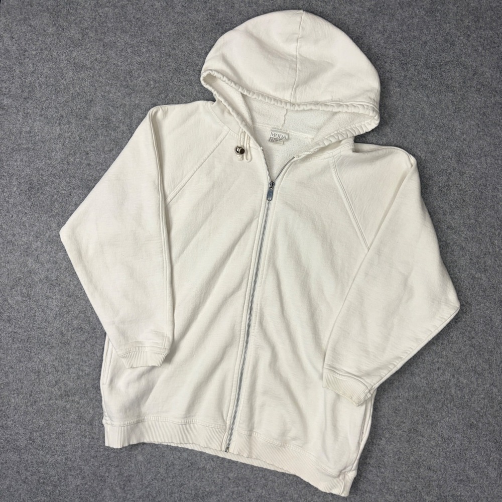 Moda International Cream Off White Full Zip Hoodie Sweatshirt Small Raglan